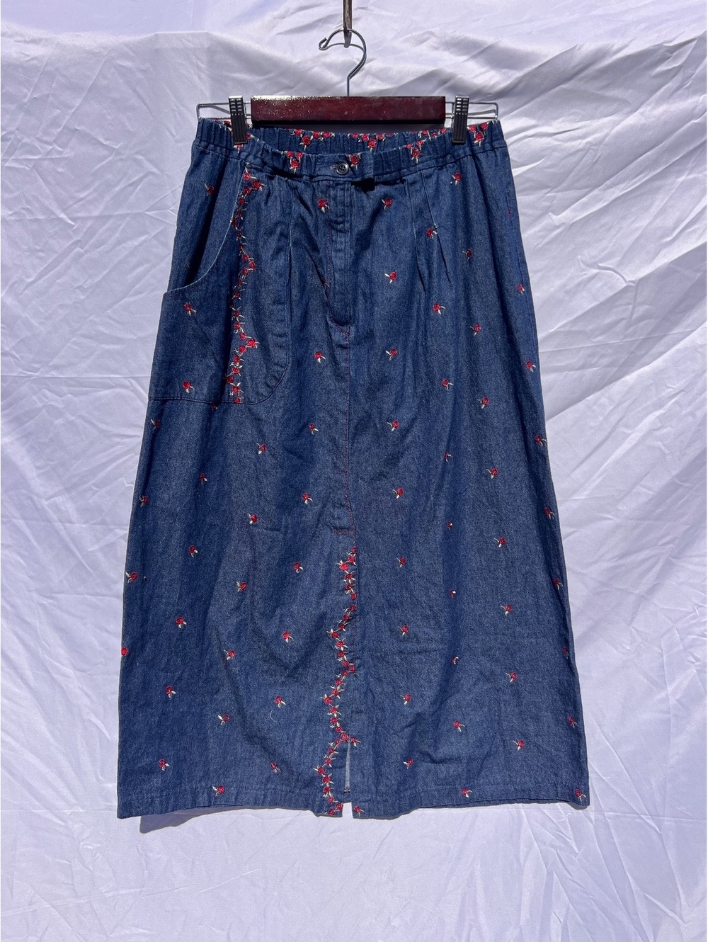 Handmade Embroidered Denim Maxi Skirt Red Roses Elastic Waist Cottagecore